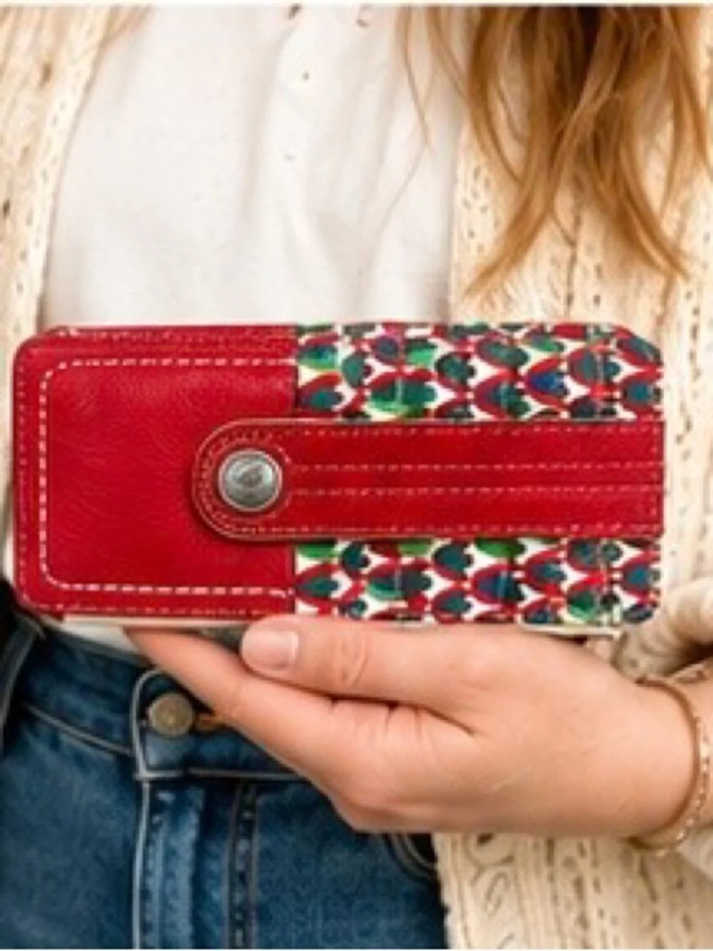 Fossil Wallet Red Leather Geo Print Zip Snap Tab Card Holder